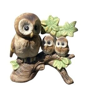 Vintage Mother Owl With Babies Sitting on a Branch Ceramic Statue Figurine Korea